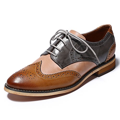 Mona flying Damen Handgefertigt Leder Schnürschuhe Wingtip Flache Oxfords Mehrfarbig Brogue Schuhe,Braun-Grau,40.5 EU von Mona flying