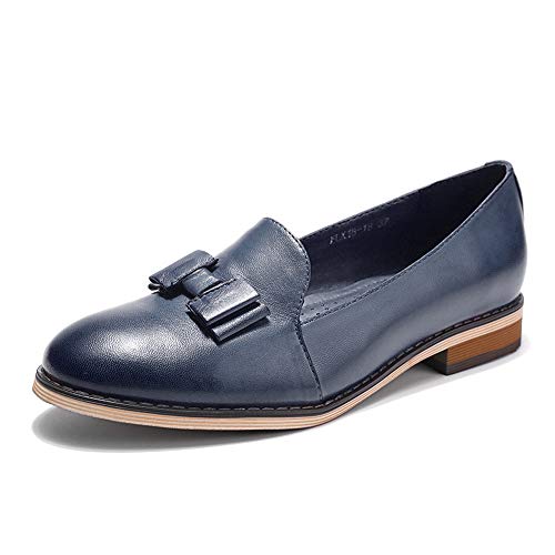 Mona flying Damen Handgefertigt Leder Slipper Bogenknoten Loafer Mokassin Slip On Freizeitschuhe,Blau,37.5 EU von Mona flying