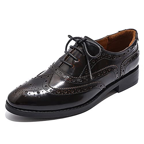 Mona flying Damen Leder Oxford Brogue Schnürhalbschuhe Handgefertigt Derby Formal Lederschuhe,Gelb-Schwarz,37.5 EU von Mona flying