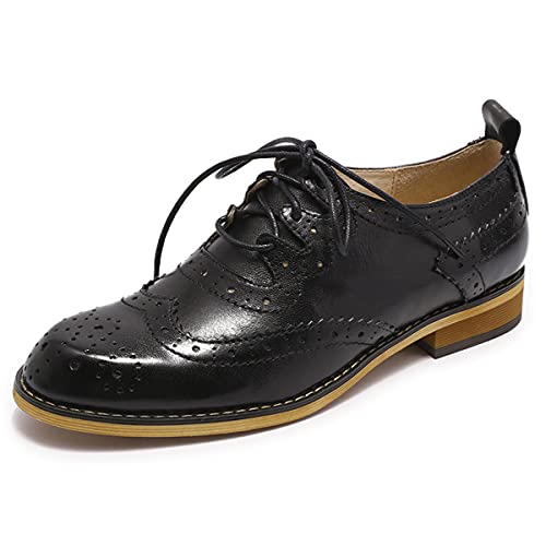 Mona flying Damen Handgefertigt Leder Lace-Up Oxfords Klassisch Wingtip Brogue Flach Schnürschuhe,Schwarz,38 EU von Mona flying