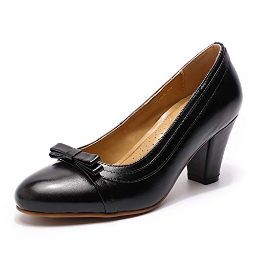 Mona flying Damen Handgefertigt Leder Blockabsatz Pumps Elegante High Heels Slip On Arbeitspumpen,Schwarz,39 EU von Mona flying