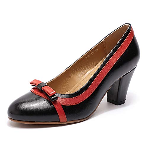 Mona flying Damen Handgefertigt Leder Blockabsatz Pumps Elegante High Heels Slip On Arbeitspumpen,Schwarz Rot,38 EU von Mona flying