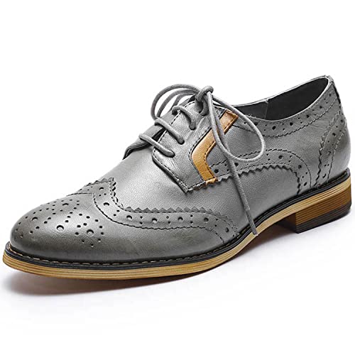 Mona flying Damen Leder Oxford Wingtip Schnürschuhe Perforiert Handgefertigt Lederschuhe Für Damen,Grau-braun,40 EU von Mona flying