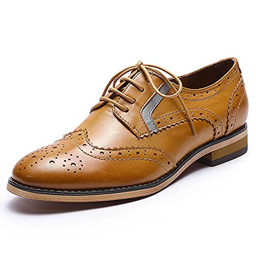 Mona flying Damen Leder Oxford Wingtip Schnürschuhe Perforiert Handgefertigt Lederschuhe Für Damen,Braun-grau,40 EU von Mona flying