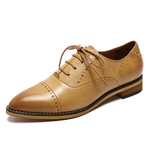 Mona flying Damen Leder Spitze Zehe Derby Schnürhalbschuhe Handgefertigt Flache Oxfords Flat,Braun,37.5 EU von Mona flying