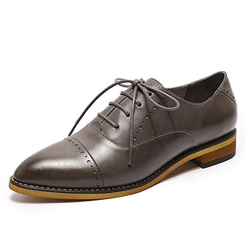 Mona flying Damen Leder Spitze Zehe Derby Schnürhalbschuhe Handgefertigt Flache Oxfords Flat,Grau,39.5 EU von Mona flying