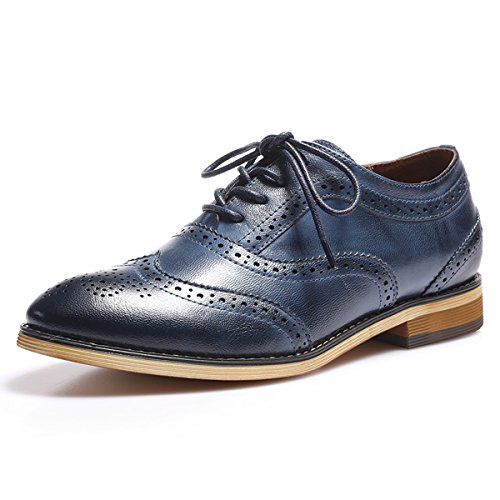 Mona flying Damen Leder Wingtip Brogues Lace Up Derby Oxfords Mandelzehe Formal Schnürschuhe,Blau,38 EU von Mona flying