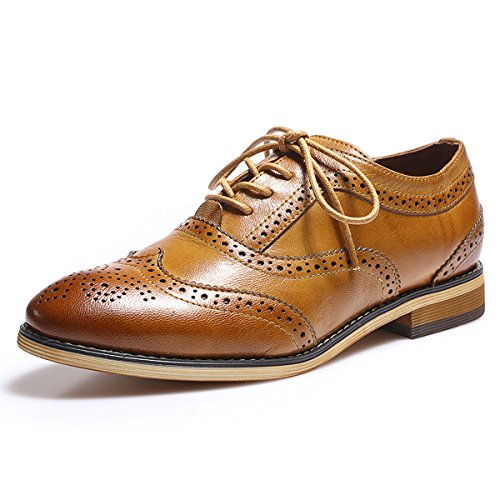 Mona flying Damen Leder Wingtip Brogues Lace Up Derby Oxfords Mandelzehe Formal Schnürschuhe,Braun,38 EU von Mona flying