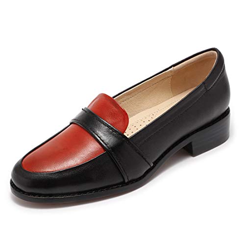 Mona flying Damen Handgefertigt Leder Loafer Slipper Mandelzehe Zweifarbig Mokassins Casual Schuhe,Schwarz-Rot,38 EU von Mona flying