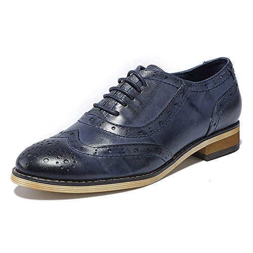 Mona flying Damen Perforiert Leder Oxford Derbys Handgefertigt Wingtip Brogue Schnürhalbschuhe,Blau,39 EU von Mona flying