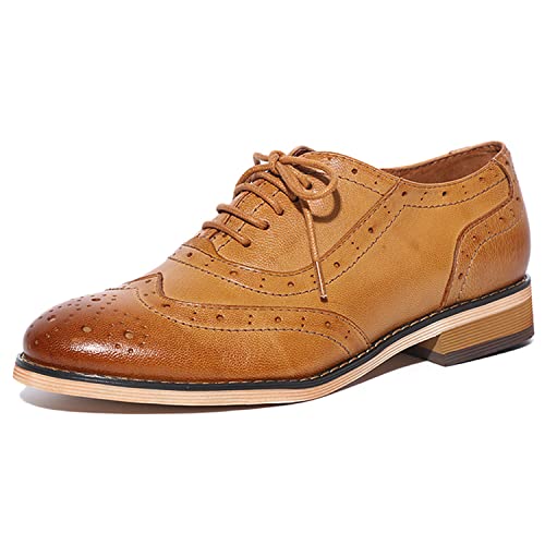 Mona flying Damen Perforiert Leder Oxford Derbys Handgefertigt Wingtip Brogue Schnürhalbschuhe,Braun,38 EU von Mona flying