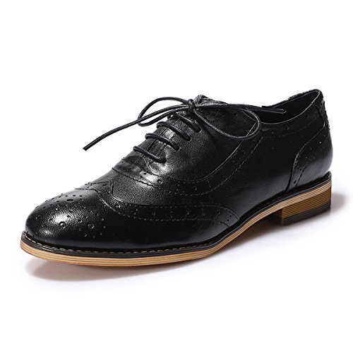 Mona flying Damen Perforiert Leder Oxford Derbys Handgefertigt Wingtip Brogue Schnürhalbschuhe,Schwarz,39 EU von Mona flying