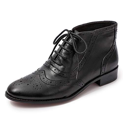 Mona flying Damen Perforiertes Brogue Handgefertigt Leder Ankle Boots Herbst Winter Schnürstiefel,Schwarz,38 EU von Mona flying