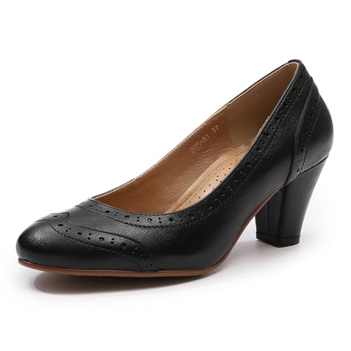 Mona flying Damen Handgefertigt Leder Pumps Mit Blockabsatz Wingtip Slip On High Heels Für Damen,Schwarz,39 EU von Mona flying