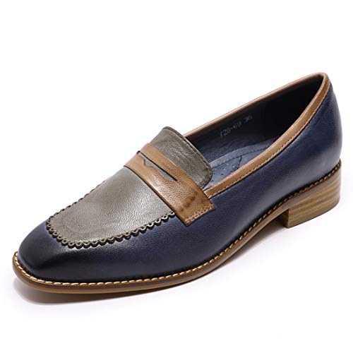 Mona flying Damen Viereckige Zehe Handgefertigt Leder Loafer Flats Mehrfarbig Slip-on Mokassin,Blau-Grau,41 EU von Mona flying