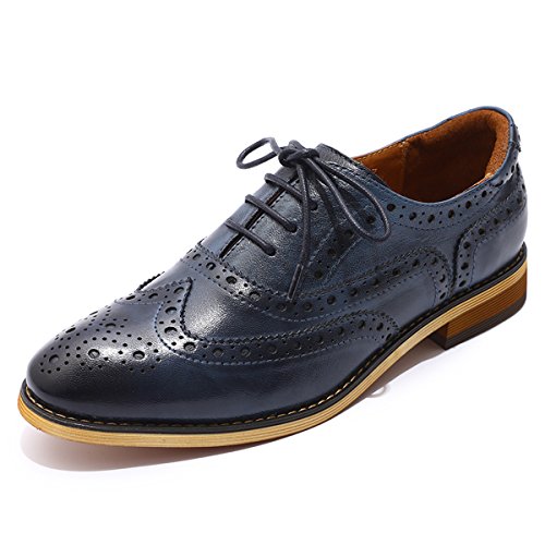 Mona flying Damen Wingtip Leder Flache Oxfords Lace Up Derbys Perforiert Handgefertigt Brogues,Blau,38 EU von Mona flying