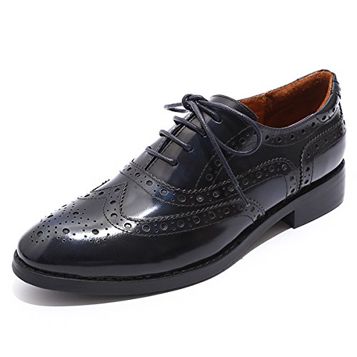 Mona flying Damen Wingtip Leder Flache Oxfords Lace Up Derbys Perforiert Handgefertigt Brogues,Blau-Schwarz,37.5 EU von Mona flying