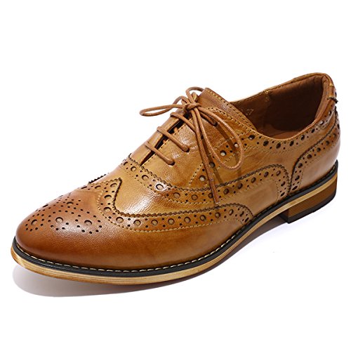 Mona flying Damen Wingtip Leder Flache Oxfords Lace Up Derbys Perforiert Handgefertigt Brogues,Braun,40.5 EU von Mona flying