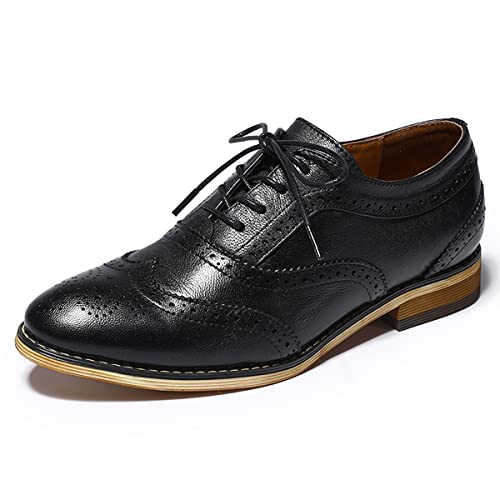 Mona flying Damen Wingtip Leder Flache Oxfords Lace Up Derbys Perforiert Handgefertigt Brogues,Schwarz,40 EU von Mona flying