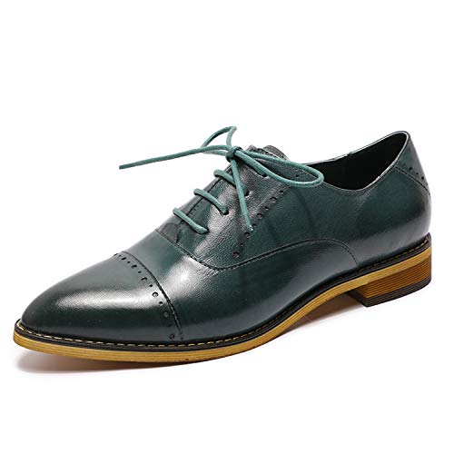 Mona flying Damen Leder Spitze Zehe Derby Schnürhalbschuhe Handgefertigt Flache Oxfords Flat,Grün,40 EU von Mona flying