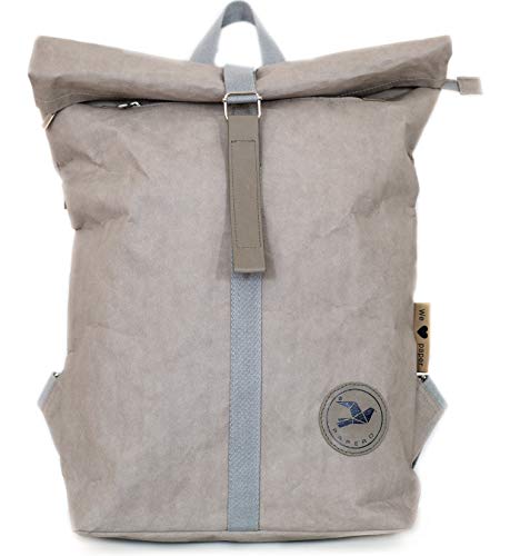 PAPERO® Rucksack aus Kraft Papier COUGAR- wasserfest & robust Daypack MINIMALISTISCH für Damen & Herren - Rolltop upcycling - für Alltag & Uni für 17 Zoll Laptop | nachhaltig (18L, grau) von Monaco di Bavaria