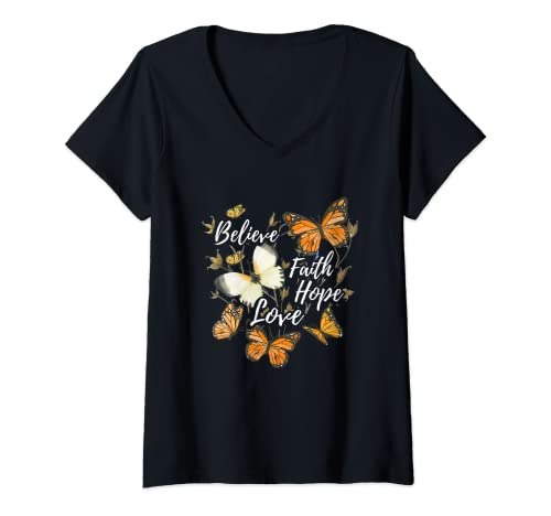 Damen Glaube, Glaube, Hoffnung, Liebe Monarchfalter T-Shirt mit V-Ausschnitt Damen Glaube, Glaube, Hoffnung, Liebe Monarchfalter T-Shirt mit V-Ausschnitt von Monarch Butterfly Apparel Company