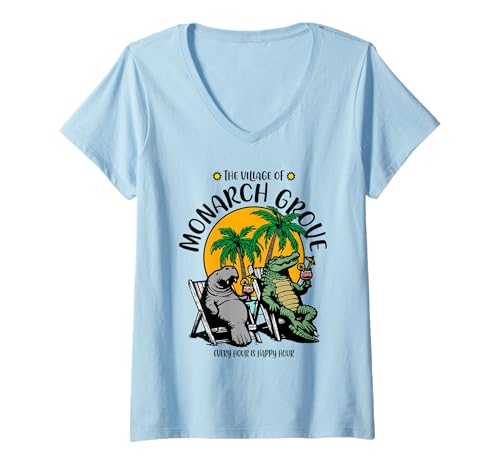 Damen The Village of Monarch Grove TV Seekuh Alligator-Design T-Shirt mit V-Ausschnitt von Monarch Grove TV FL USA Designs and Souvenirs