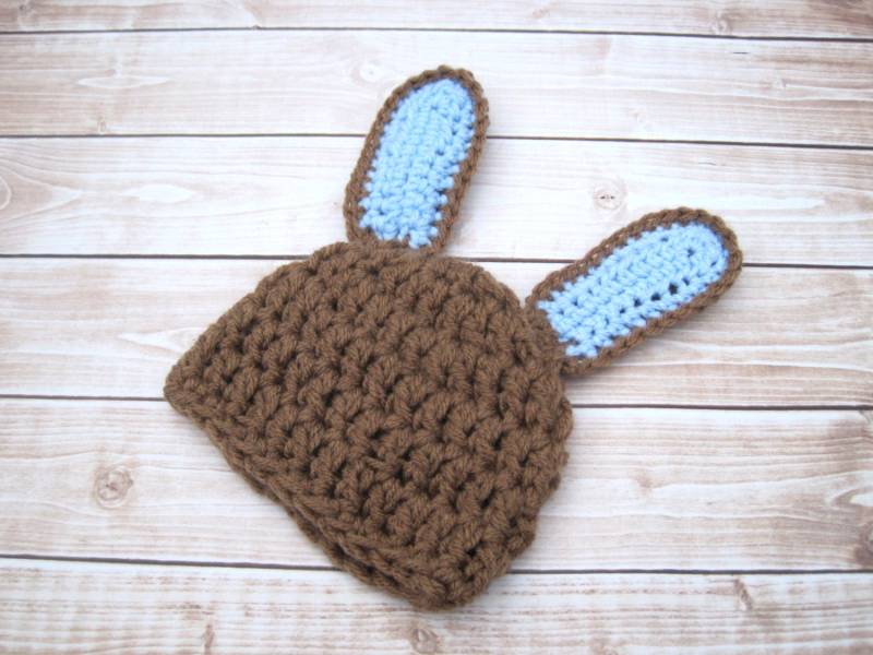 Gehäkelte Baby Häschen Mütze Braun & Blau Neugeborene Häschenmütze von Monarchdancer