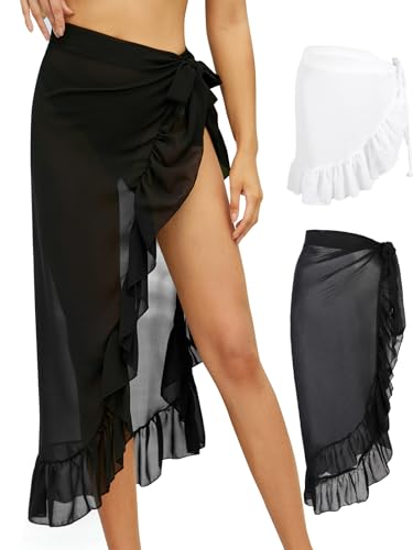 Monbessi 2 Stück Pareo Damen Strand Chiffon Durchscheinend Strandtuch Sarong Tuch Damen Strandrock Schnürschuh(Schwarz Lang + Weiß Kurz) von Monbessi