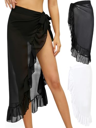 Monbessi 2 Stück Pareo Damen Strand Chiffon Durchscheinend Strandtuch Sarong Tuch Damen Strandrock Schnürschuh(Schwarz Lang + Weiß Lang) von Monbessi