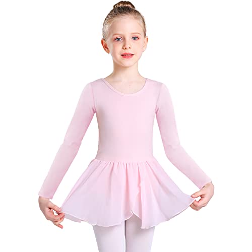 Monbessi Ballettkleidung Mädchen Langarm Ballettkleid Baumwolle Kinder Tanzkleid Ballettanzug Ballett Trikot mit Rock Tütü(140, Rosa) von Monbessi