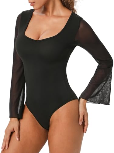Monbessi Body Damen mit Verstellbaren Druckknöpfen Mesh Bodysuit Women Langarm U-Ausschnitt Blusenbody Damen elegant Bodys XL, Schwarz von Monbessi