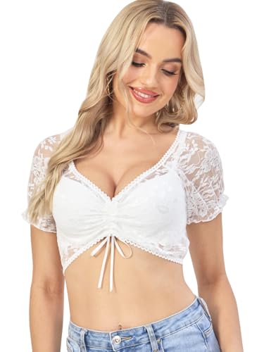 Monbessi Dirndl Bluse Damen mit V-Ausschnitt, Verstellbares Halbtransparentes Dirndlbluse aus Floraler Spitze, Trachtenbluse Damen für Bierfeste(L) von Monbessi