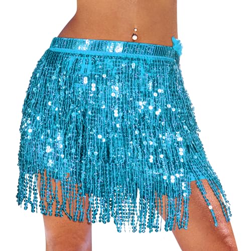 Monbessi Glitzer Rock Damen Pailletten Rock Stilvoll Glitzer Rock Karneval Fransen Rock (Blau) von Monbessi