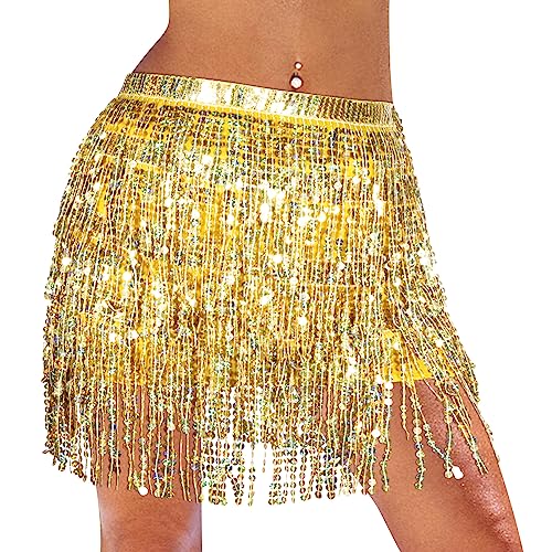 Monbessi Glitzer Rock Damen Pailletten Rock Stilvoll Glitzer Rock Karneval Fransen Rock (Gold) von Monbessi