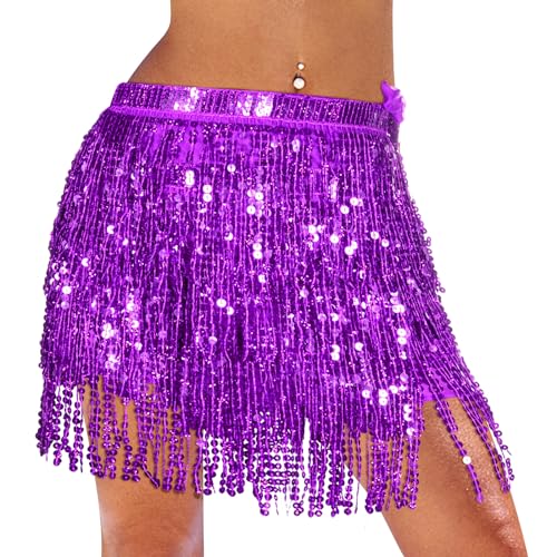 Monbessi Glitzer Rock Damen Pailletten Rock Stilvoll Glitzer Rock Karneval Fransen Rock (Lila) von Monbessi