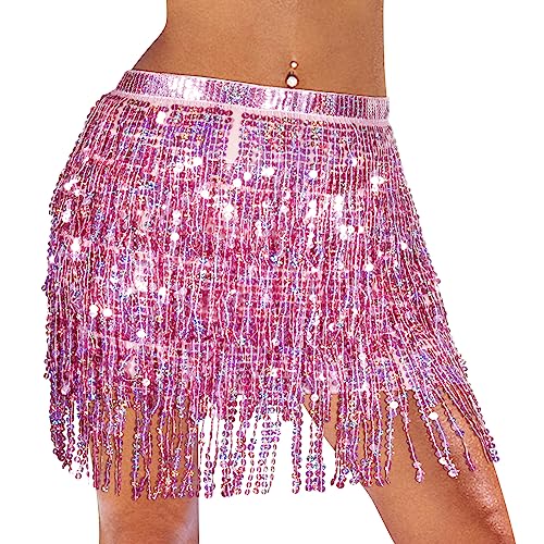 Monbessi Glitzer Rock Damen Pailletten Rock Stilvoll Glitzer Rock Karneval Fransen Rock (Rosa) von Monbessi