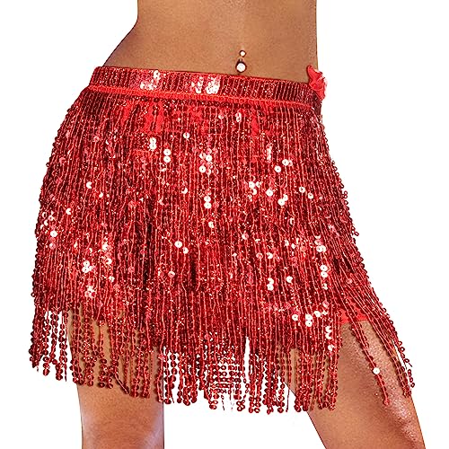 Monbessi Glitzer Rock Damen Pailletten Rock Stilvoll Glitzer Rock Karneval Fransen Rock (Rot) von Monbessi