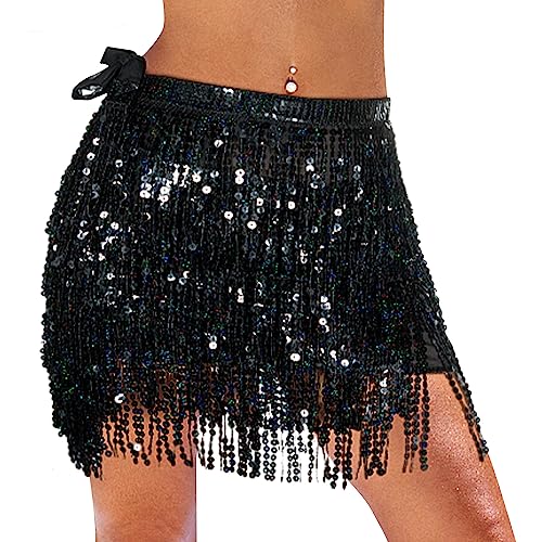 Monbessi Glitzer Rock Damen Pailletten Rock Stilvoll Glitzer Rock Karneval Fransen Rock (Schwarz) von Monbessi