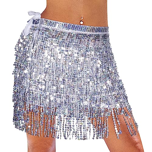 Monbessi Glitzer Rock Damen Pailletten Rock Stilvoll Glitzer Rock Karneval Fransen Rock (Silber) von Monbessi