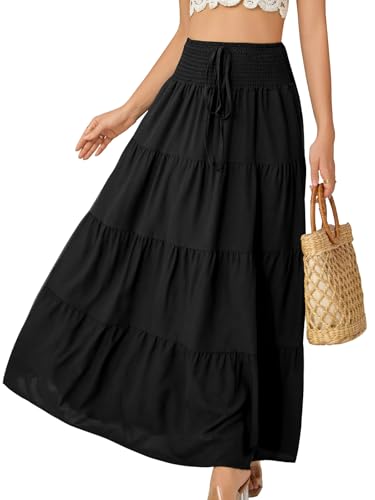 Monbessi Langer Rock Damen mit Futter 2 in 1 Maxirock Damen Lang Elastischer Bund Boho Röcke Geeignet für Sommer, Urlaub, Shopping Und Den Alltag(L, Schwarz) von Monbessi