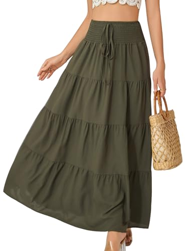 Monbessi Langer Rock Damen mit Futter 2 in 1 Maxirock Damen Lang Elastischer Bund Boho Röcke Geeignet für Sommer, Urlaub, Shopping Und Den Alltag(XL, Dunkelgrün) von Monbessi