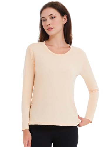 Monbessi Thermo Oberteil Damen Rundhalsausschnitt Unterhemd Damen Thermo Langarmshirt Warmes Unterhemd UnterwäSche Frauen(L, Beige) von Monbessi