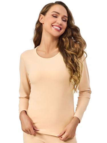 Monbessi Thermoshirt Damen Langarm Lange Ärmel Thermo Oberteil Rundhalsausschnitt Thermoshirt - Perfekt für Herbst und Winter (XL, Nude) von Monbessi