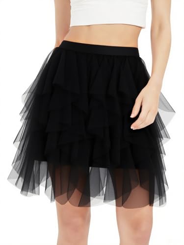Monbessi Tüllrock Damen mit Unregelmäßiger Lagen Tüll Rock mit Futter Rock Damen Knielang für Halloween-Partys, Täglich(S, Schwarz) von Monbessi