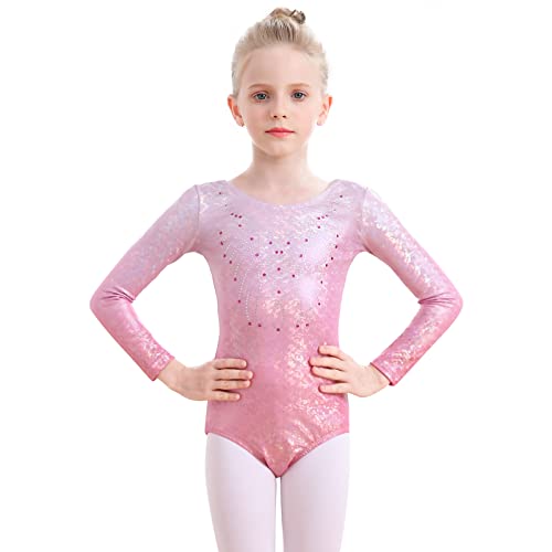 Monbessi Turnanzug Mädchen Langarm Glitzernde Kinder Gymnastikanzug Rundhalsausschnitt Dancewear 5-12 Jahre (110, Rosa) von Monbessi