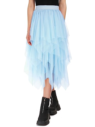 Tüllrock Damen Lang 80CM Elastische Tüll Rock Unregelmäßiges Netz Täglich, Abschlussball, Party(Taillenumfang: 60-78cm, Blau) von Monbessi