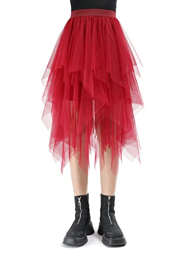Tüllrock Damen Lang 80CM Elastische Tüll Rock Unregelmäßiges Netz Täglich, Abschlussball, Party(Taillenumfang: 60-78cm, Rot) von Monbessi