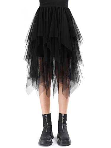 Tüllrock Damen Lang 80CM Elastische Tüll Rock Unregelmäßiges Netz Täglich, Abschlussball, Party(Taillenumfang: 60-78cm, Schwarz) von Monbessi