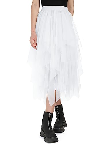 Tüllrock Damen Lang 80CM Elastische Tüll Rock Unregelmäßiges Netz Täglich, Abschlussball, Party(Taillenumfang: 60-78cm, Weiß) von Monbessi